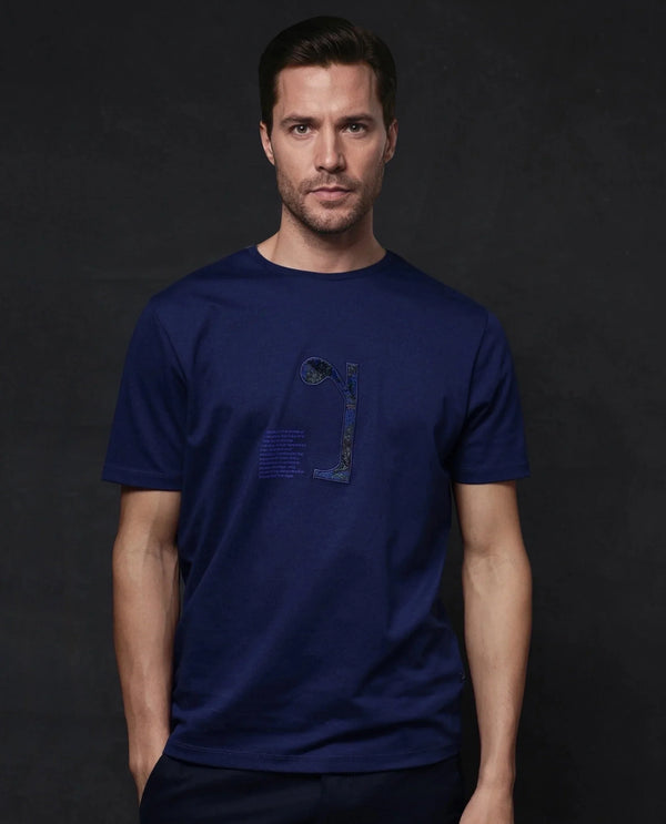 Rare Rabbit Men Tezo Navy Cotton Polyester Fabric Short Sleeve Crew Neck Regular Fit Graphic Print T-Shirt
