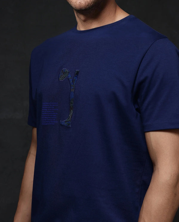 Rare Rabbit Men Tezo Navy Cotton Polyester Fabric Short Sleeve Crew Neck Regular Fit Graphic Print T-Shirt