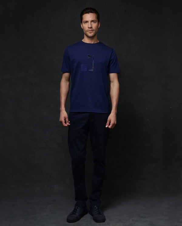 Rare Rabbit Men Tezo Navy Cotton Polyester Fabric Short Sleeve Crew Neck Regular Fit Graphic Print T-Shirt
