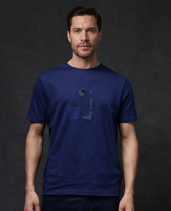 Rare Rabbit Men Tezo Navy Cotton Polyester Fabric Short Sleeve Crew Neck Regular Fit Graphic Print T-Shirt