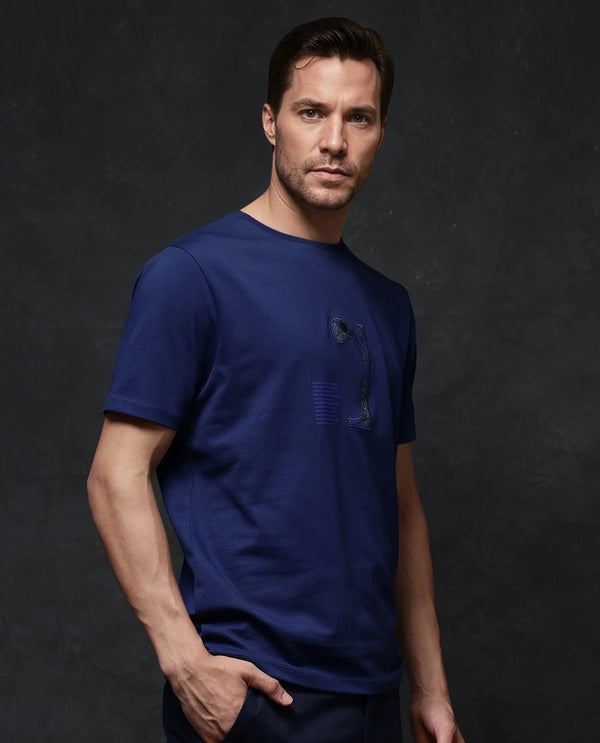 Rare Rabbit Men Tezo Navy Cotton Polyester Fabric Short Sleeve Crew Neck Regular Fit Graphic Print T-Shirt