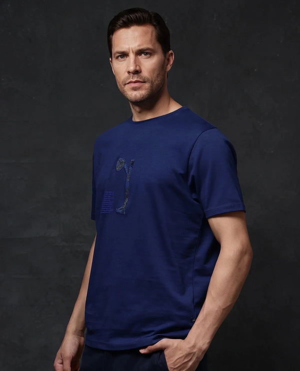 Rare Rabbit Men Tezo Navy Cotton Polyester Fabric Short Sleeve Crew Neck Regular Fit Graphic Print T-Shirt