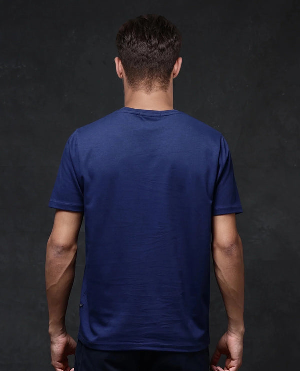 Rare Rabbit Men Tezo Navy Cotton Polyester Fabric Short Sleeve Crew Neck Regular Fit Graphic Print T-Shirt