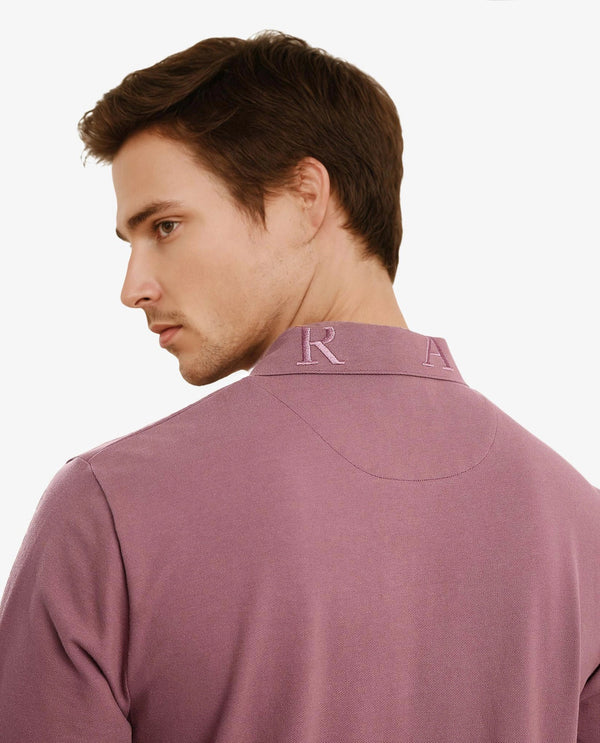 Rare Rabbit Men Thero Dusky Pink Cotton Lycra Fabric Short Sleeve Embroidered Collar Zipper Closure Plain Polo T-Shirt