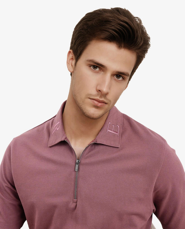 Rare Rabbit Men Thero Dusky Pink Cotton Lycra Fabric Short Sleeve Embroidered Collar Zipper Closure Plain Polo T-Shirt