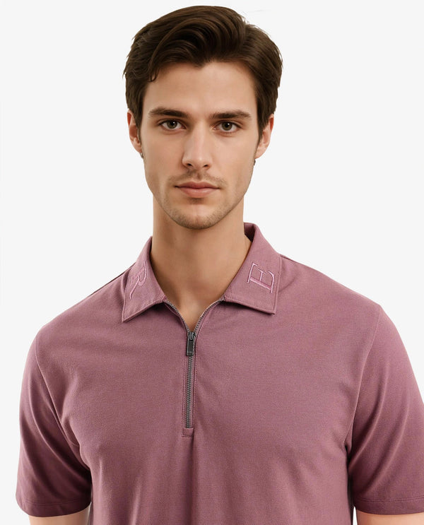 Rare Rabbit Men Thero Dusky Pink Cotton Lycra Fabric Short Sleeve Embroidered Collar Zipper Closure Plain Polo T-Shirt