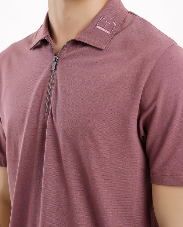 Rare Rabbit Men Thero Dusky Pink Cotton Lycra Fabric Short Sleeve Embroidered Collar Zipper Closure Plain Polo T-Shirt