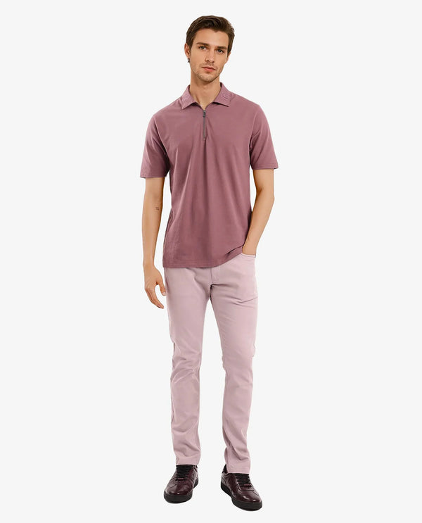 Rare Rabbit Men Thero Dusky Pink Cotton Lycra Fabric Short Sleeve Embroidered Collar Zipper Closure Plain Polo T-Shirt