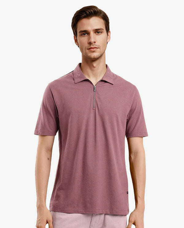 Rare Rabbit Men Thero Dusky Pink Cotton Lycra Fabric Short Sleeve Embroidered Collar Zipper Closure Plain Polo T-Shirt