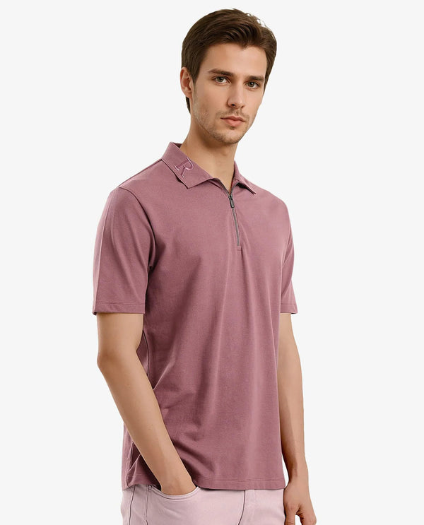Rare Rabbit Men Thero Dusky Pink Cotton Lycra Fabric Short Sleeve Embroidered Collar Zipper Closure Plain Polo T-Shirt