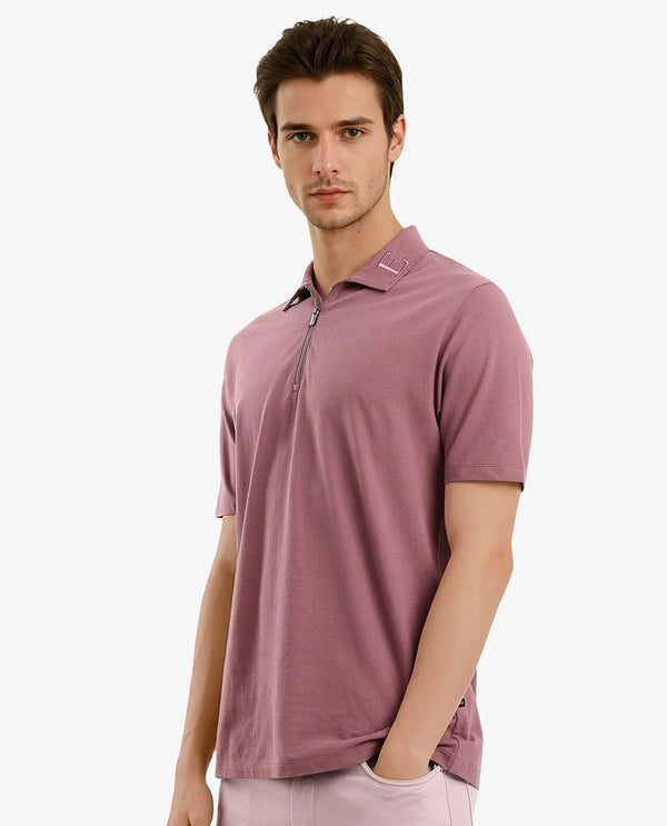 Rare Rabbit Men Thero Dusky Pink Cotton Lycra Fabric Short Sleeve Embroidered Collar Zipper Closure Plain Polo T-Shirt