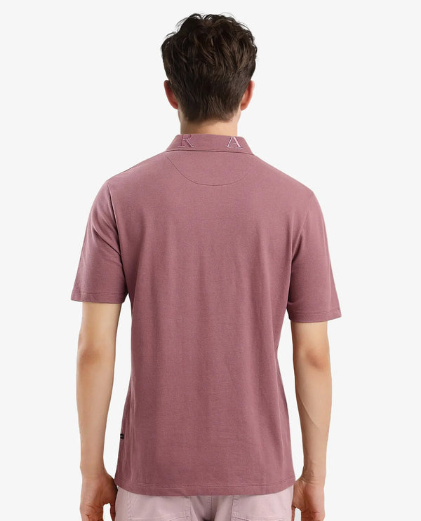 Rare Rabbit Men Thero Dusky Pink Cotton Lycra Fabric Short Sleeve Embroidered Collar Zipper Closure Plain Polo T-Shirt