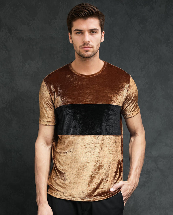 Rare Rabbit Men's Timos Mustard Polyester Lycra Fabric Crew Neck Half Sleeves Cut and Sew Velvet Texture T-Shirt
