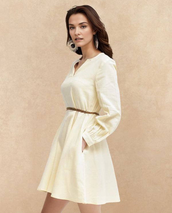 Rareism Women's Tirday Yellow Cotton Fabric V-Neck  Bishop Sleeve Plain Fit And Flare Mini Dress