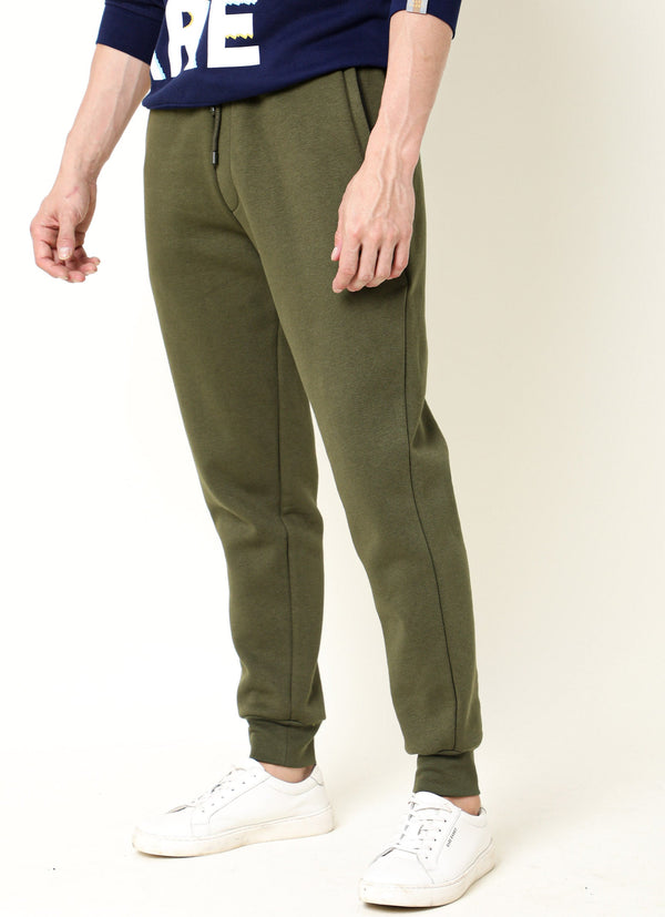 Rare Rabbit Men's Chase Olive Cotton Polyester Fabric Drawstring Slim Fit Track Pant