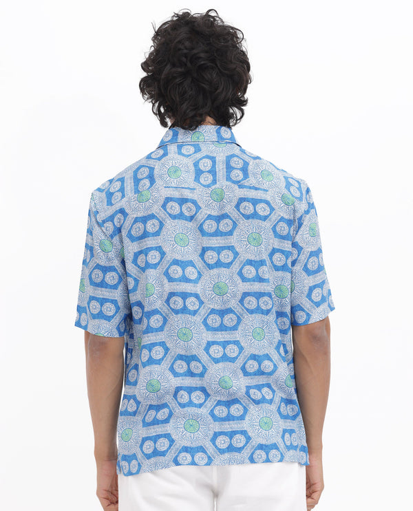 Rare Rabbit Mens Tofiel Blue Viscose Fabric Half Sleeves Boxy Fit Geometric Print Shirt