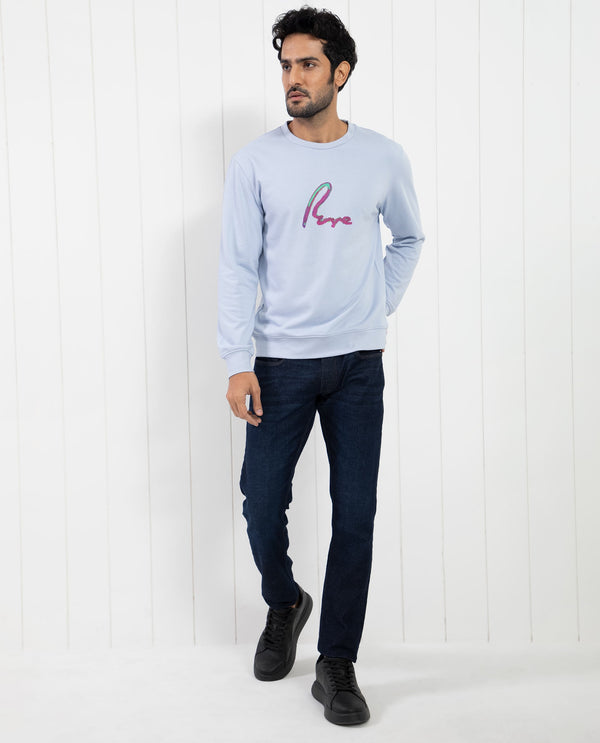 Rare Rabbit Men's Toon Light Blue Cotton Polyester Fabric Full Sleeves Graphic Signature Print Knitted Sweatshirt