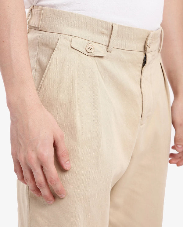 Rare Rabbit Men's Torro Beige Cotton Fabric Solid Regular Fit Relaxed Pleated Trouser