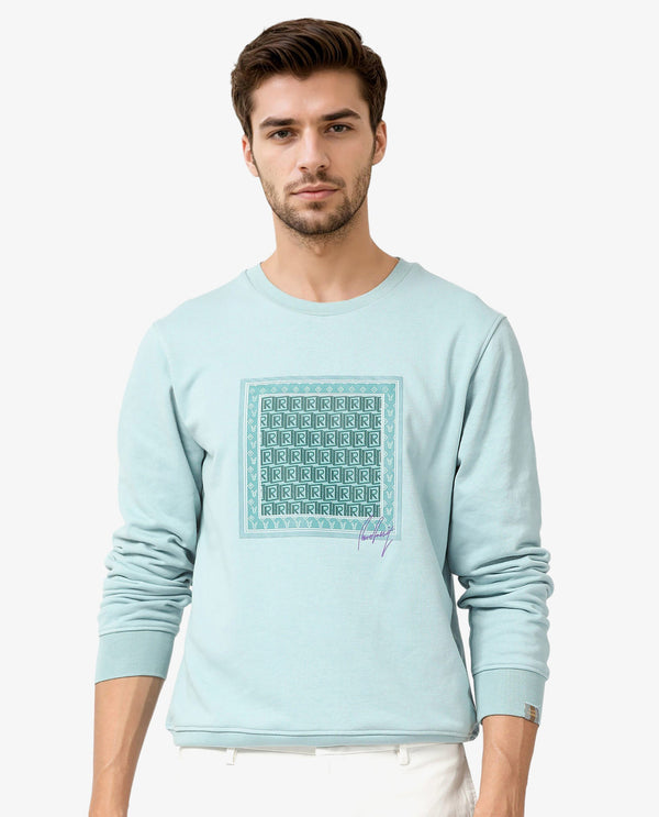 Rare Rabbit Men's Totem Light Turq Cotton Polyester Terry Fabric Full Sleeves Logo Graphic Print Knitted Sweatshirt