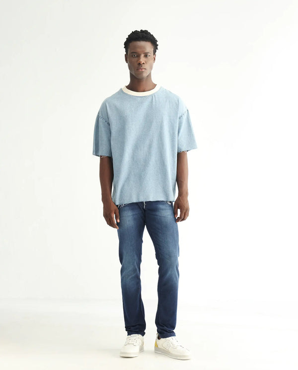 Rare Rabbit Men's Toucil Dark Blue Mid Wash Mid-Rise Slim Fit Jeans