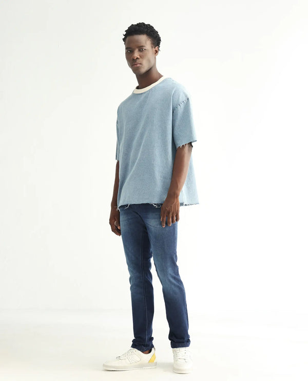 Rare Rabbit Men's Toucil Dark Blue Mid Wash Mid-Rise Slim Fit Jeans