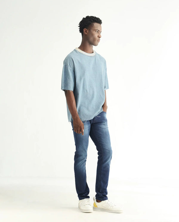 Rare Rabbit Men's Toucil Dark Blue Mid Wash Mid-Rise Slim Fit Jeans