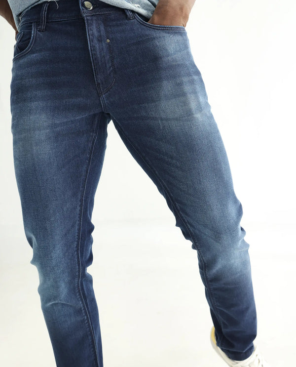 Rare Rabbit Men's Toucil Dark Blue Mid Wash Mid-Rise Slim Fit Jeans
