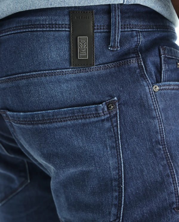 Rare Rabbit Men's Toucil Dark Blue Mid Wash Mid-Rise Slim Fit Jeans