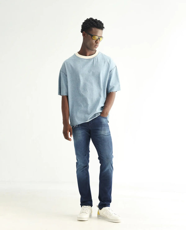 Rare Rabbit Men's Toucil Dark Blue Mid Wash Mid-Rise Slim Fit Jeans