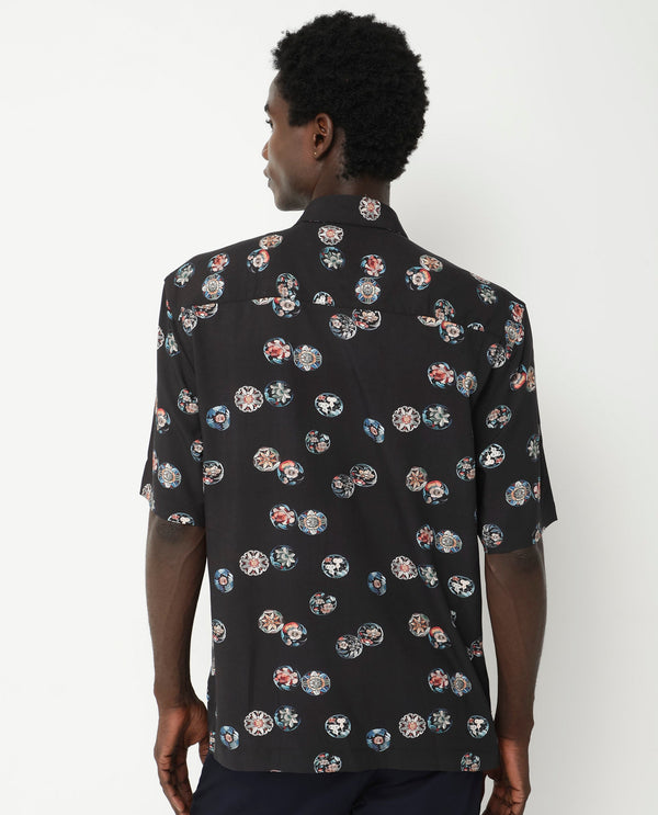 Rare Rabbit Men's Towen SS Black Viscose Fabric Half Sleeves Boxy Fit Floral Print Shirt