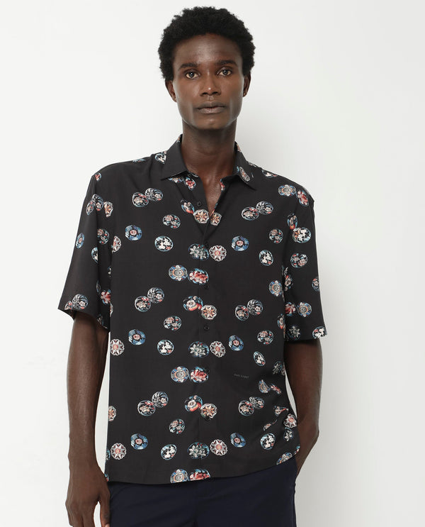 Rare Rabbit Men's Towen SS Black Viscose Fabric Half Sleeves Boxy Fit Floral Print Shirt
