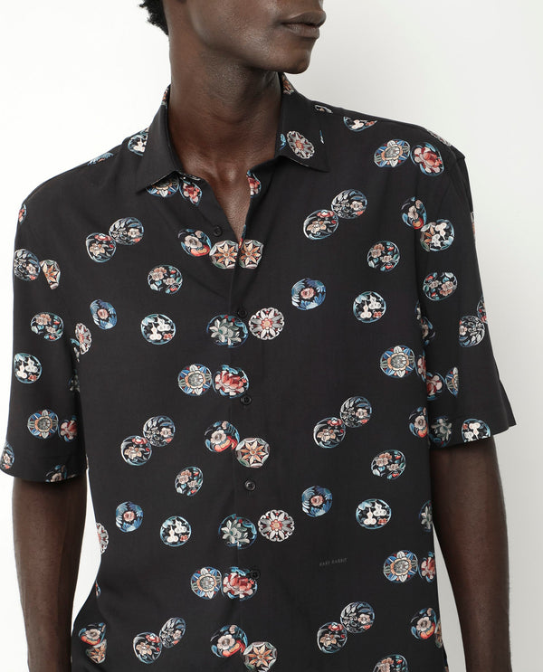 Rare Rabbit Men's Towen SS Black Viscose Fabric Half Sleeves Boxy Fit Floral Print Shirt
