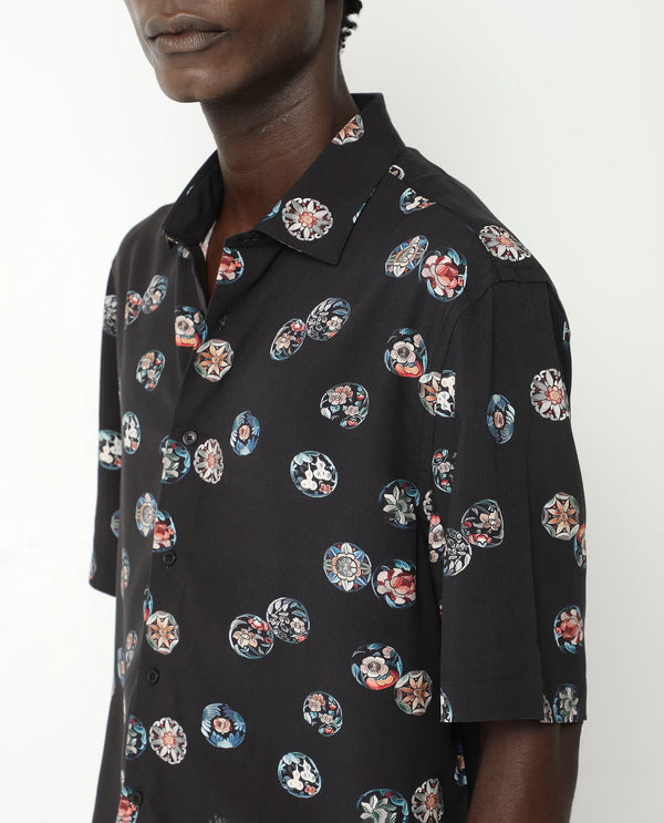 Rare Rabbit Men's Towen SS Black Viscose Fabric Half Sleeves Boxy Fit Floral Print Shirt