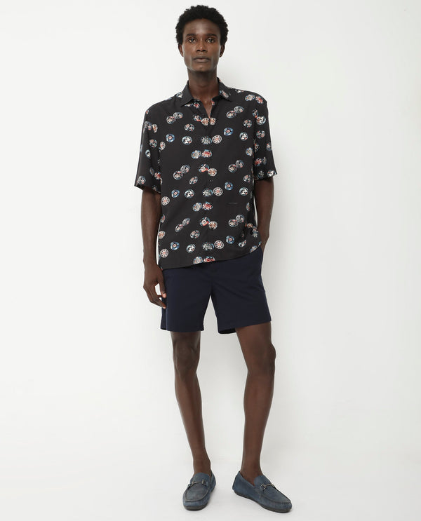 Rare Rabbit Men's Towen SS Black Viscose Fabric Half Sleeves Boxy Fit Floral Print Shirt