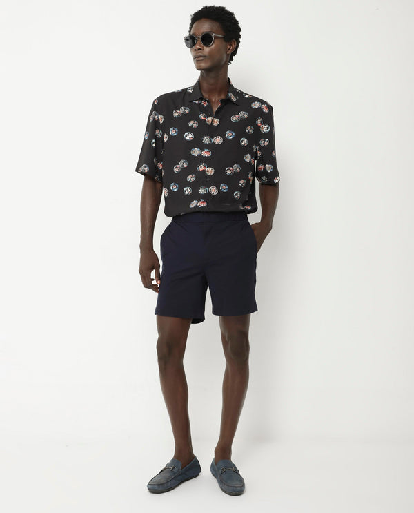 Rare Rabbit Men's Towen SS Black Viscose Fabric Half Sleeves Boxy Fit Floral Print Shirt