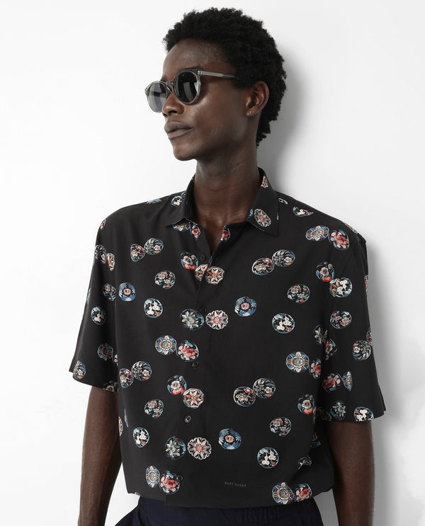 Rare Rabbit Men's Towen SS Black Viscose Fabric Half Sleeves Boxy Fit Floral Print Shirt