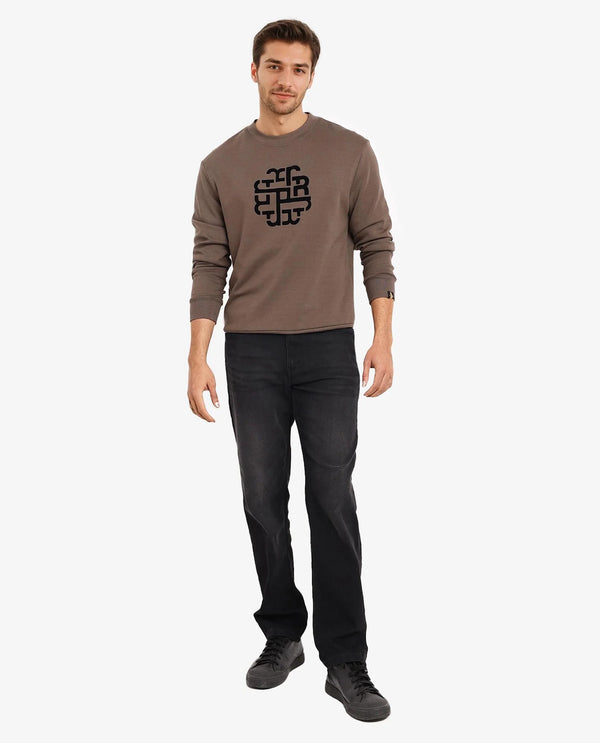 Rare Rabbit Men Toxon Dusky Olive Cotton Polyester Fabric Full Sleeve Crew Neck Regular Fit Flock Graphic Print Sweatshirt