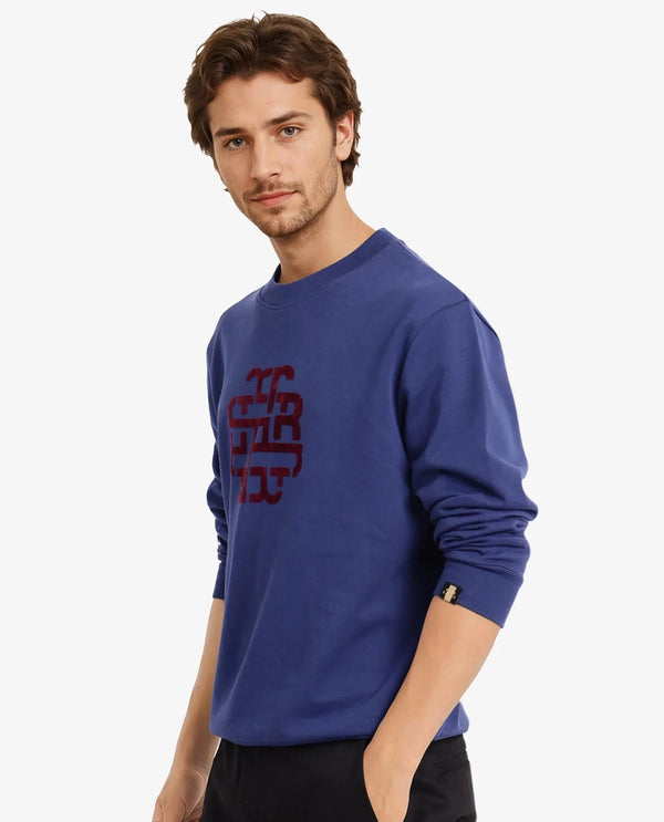 Rare Rabbit Men Toxon Navy Cotton Polyester Fabric Full Sleeve Crew Neck Regular Fit Flock Graphic Print Sweatshirt