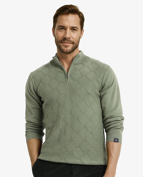 Rare Rabbit Men's Toyder Green Cotton Fabric Full Sleeve High Neck Zipper Closure Plain Sweater