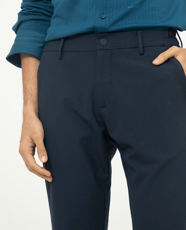 Rare Rabbit Men's Traveller Navy Solid Mid-Rise Regular Fit Trouser