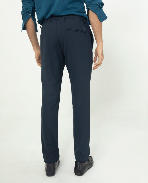 Rare Rabbit Men's Traveller Navy Solid Mid-Rise Regular Fit Trouser