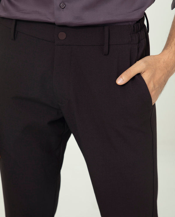 Rare Rabbit Men's Traveller Maroon Solid Mid-Rise Regular Fit Trouser