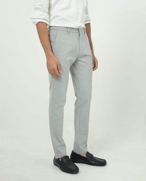 Rare Rabbit Men's Travellers Light Grey Solid Mid-Rise Regular Fit Trouser