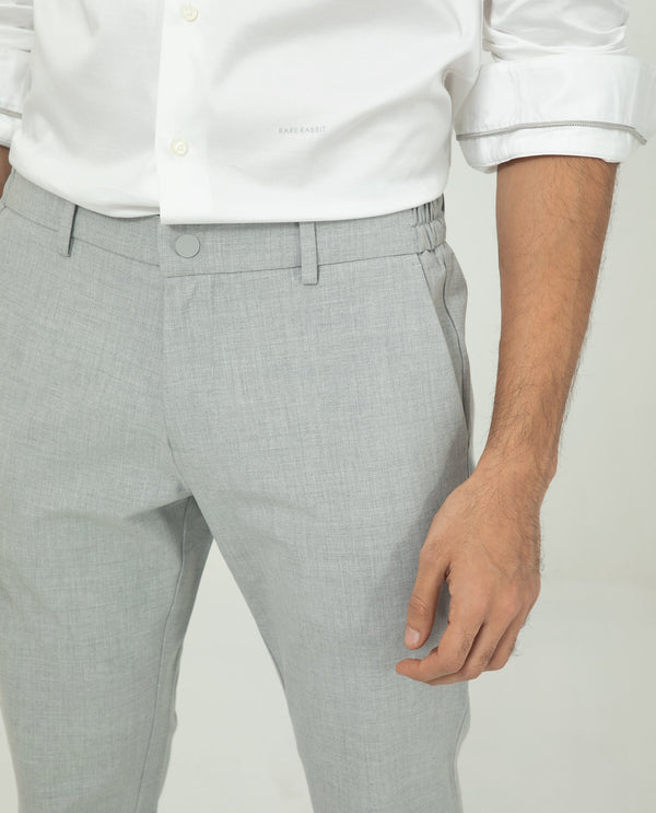 Rare Rabbit Men's Travellers Light Grey Solid Mid-Rise Regular Fit Trouser