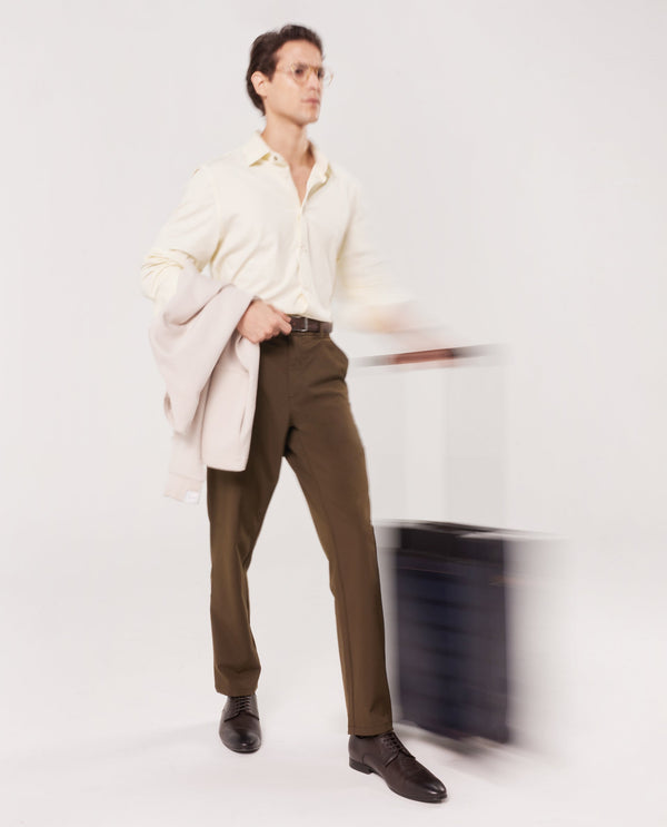 Rare Rabbit Men Travel-25 Olive Polyester Viscose Lycra Fabric Button And Zip Closure Regular Fit Solid Trousers