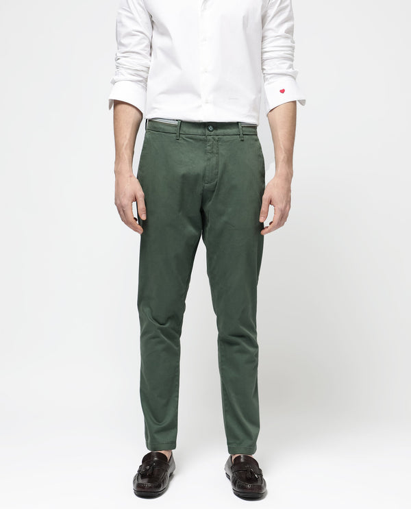 Rare Rabbit Mens Trello Green Cotton Lycra Solid Trouser