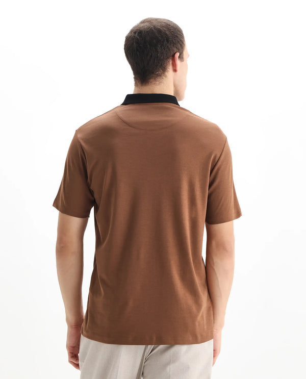 Rare Rabbit Men's Trex Dusky Brown Cotton Fabric Short Sleeves Collared Neck Plain Knit Polo