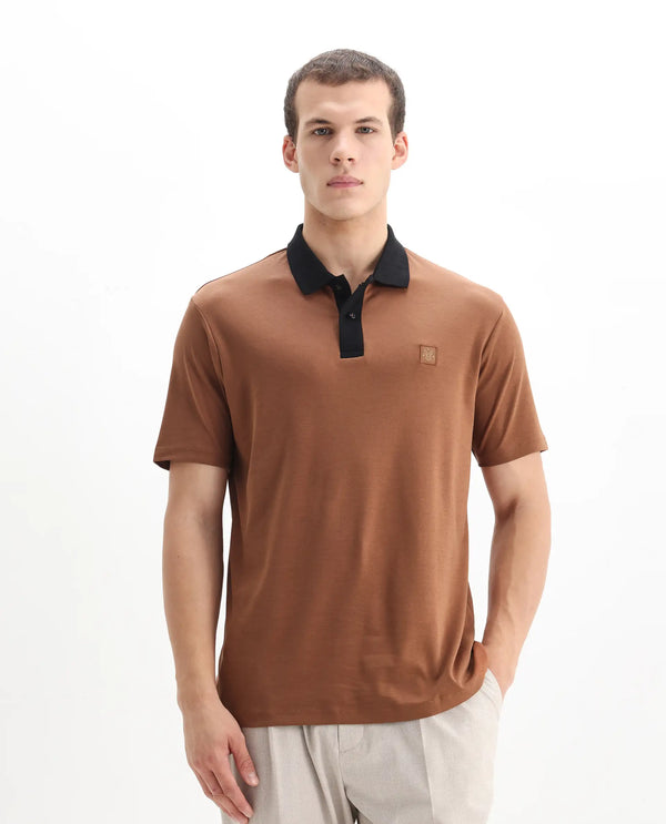 Rare Rabbit Men's Trex Dusky Brown Cotton Fabric Short Sleeves Collared Neck Plain Knit Polo