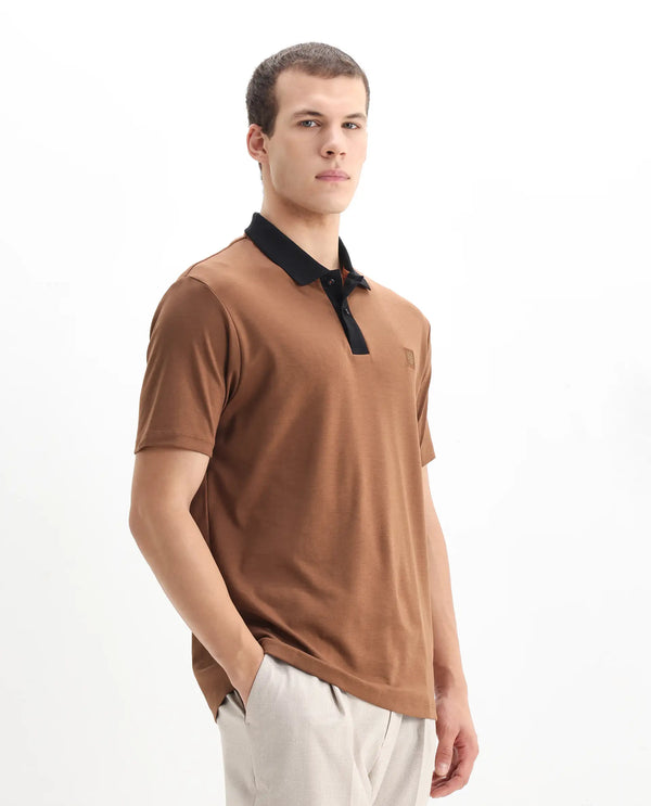 Rare Rabbit Men's Trex Dusky Brown Cotton Fabric Short Sleeves Collared Neck Plain Knit Polo