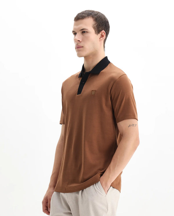 Rare Rabbit Men's Trex Dusky Brown Cotton Fabric Short Sleeves Collared Neck Plain Knit Polo
